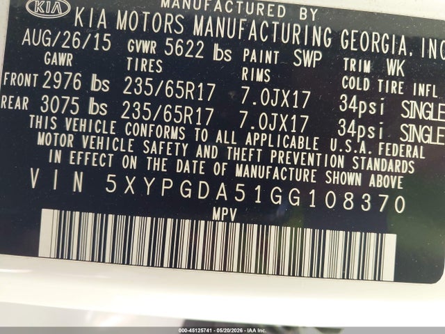 2016 Kia Sorento 3.3l Lx მანქანა იყიდება აუქციონზე, vin: 5XYPGDA51GG108370, აუქციონის ნომერი: 45125741