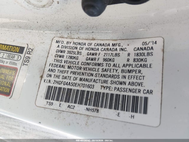45125742 :رقم المزاد ، 2HGFG4A50EH701603 vin ، 2014 Honda Civic Si مزاد بيع
