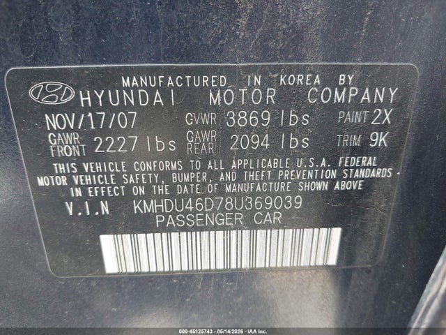 Продаж на аукціоні авто 2008 Hyundai Elantra Gls/se, vin: KMHDU46D78U369039, номер лоту: 45125743