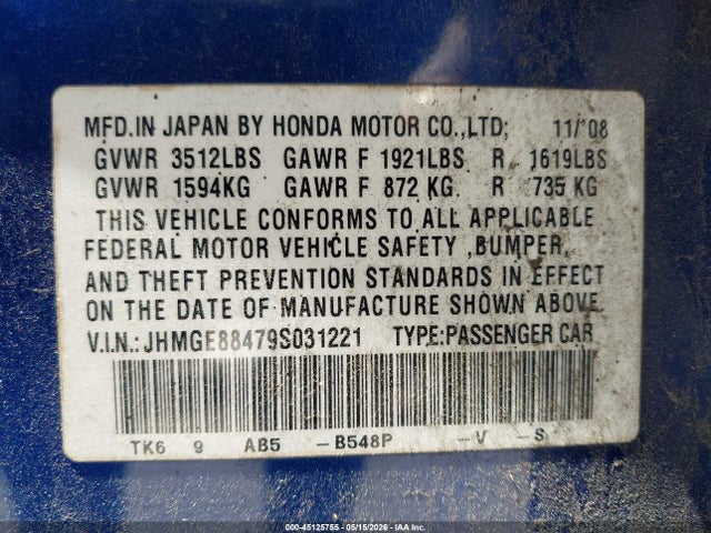 2009 Honda Fit Sport მანქანა იყიდება აუქციონზე, vin: JHMGE88479S031221, აუქციონის ნომერი: 45125755