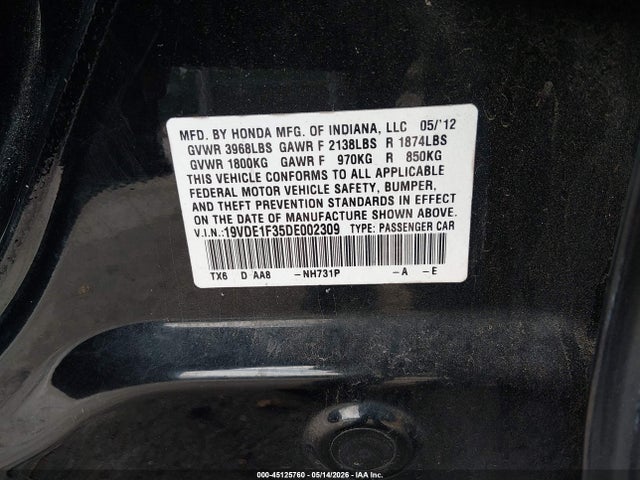45125760 :رقم المزاد ، 19VDE1F35DE002309 vin ، 2013 Acura Ilx 2.0l مزاد بيع