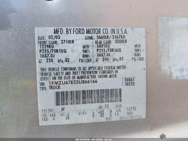 45125769 :رقم المزاد ، 1FMZU67E53UB66166 vin ، 2003 Ford Explorer Sport Trac Xls/xlt مزاد بيع