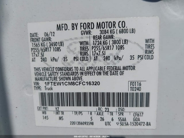 Aukcja sprzedaży 2012 Ford F-150 Xlt, vin: 1FTEW1CM8CFC16320, numer aukcji: 45125782