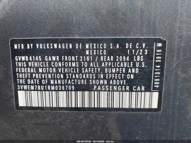 45125785 :رقم المزاد ، 3VWEM7BU1RM036709 vin ، 2024 Volkswagen Jetta 1.5t Se مزاد بيع