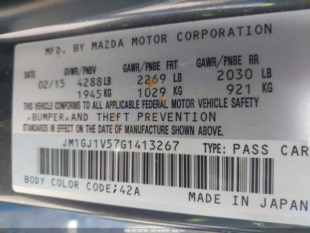 Aukcja sprzedaży 2016 Mazda Mazda6 I Touring, vin: JM1GJ1V57G1413267, numer aukcji: 45125789