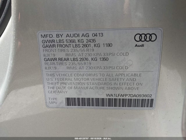 45125797 :رقم المزاد ، WA1LFAFP7DA093602 vin ، 2013 Audi Q5 2.0t Premium مزاد بيع