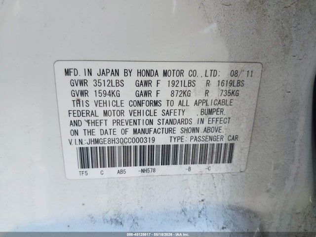 45125817 :رقم المزاد ، JHMGE8H30CC000319 vin ، 2012 Honda Fit مزاد بيع