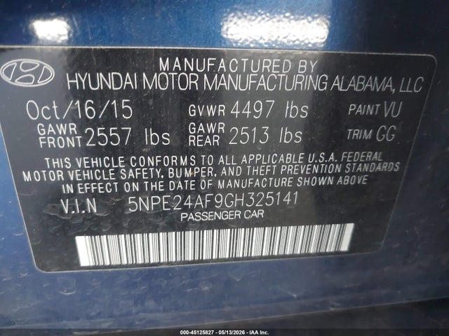 5NPE24AF9GH325141 Hyundai SONATA SE