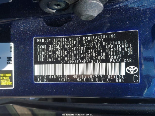 Aukcja sprzedaży 2021 Toyota Corolla Le, vin: 5YFVPMAE2MP219010, numer aukcji: 45125840
