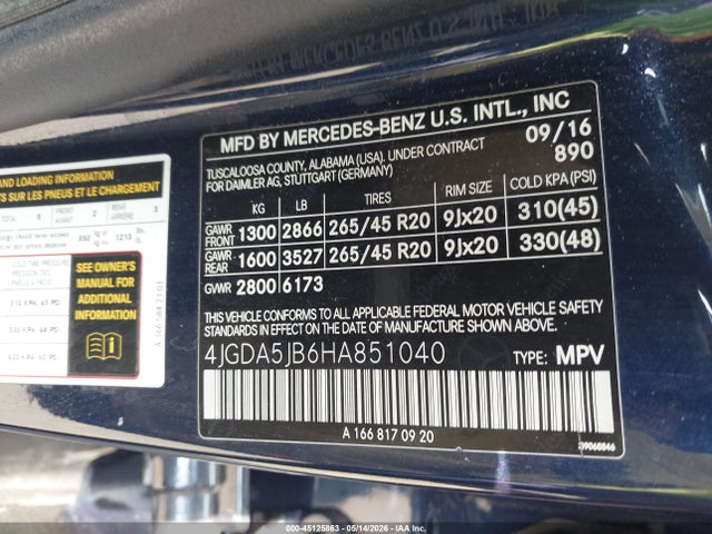 Aukcja sprzedaży 2017 Mercedes-benz Gle 350, vin: 4JGDA5JB6HA851040, numer aukcji: 45125863