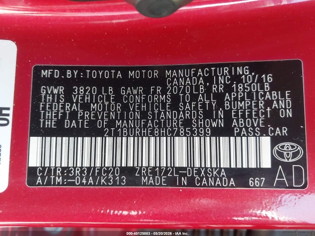 2017 Toyota Corolla Se მანქანა იყიდება აუქციონზე, vin: 2T1BURHE8HC785399, აუქციონის ნომერი: 45125883