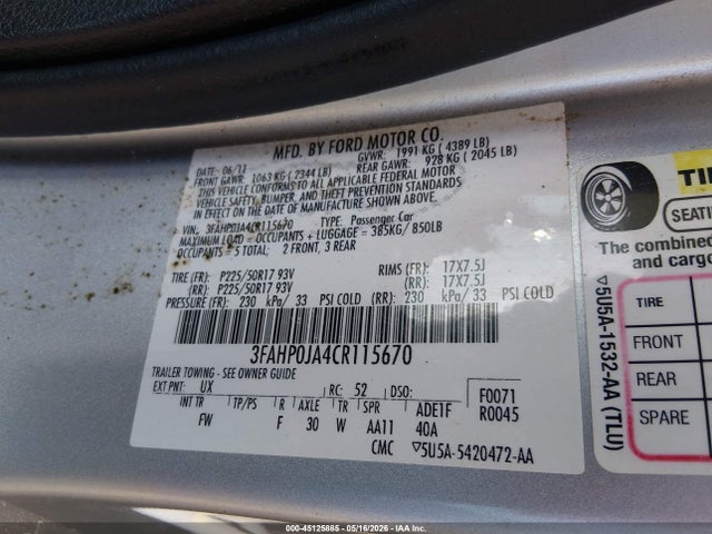 Продажа на аукционе авто 2012 Ford Fusion Sel, vin: 3FAHP0JA4CR115670, номер лота: 45125885