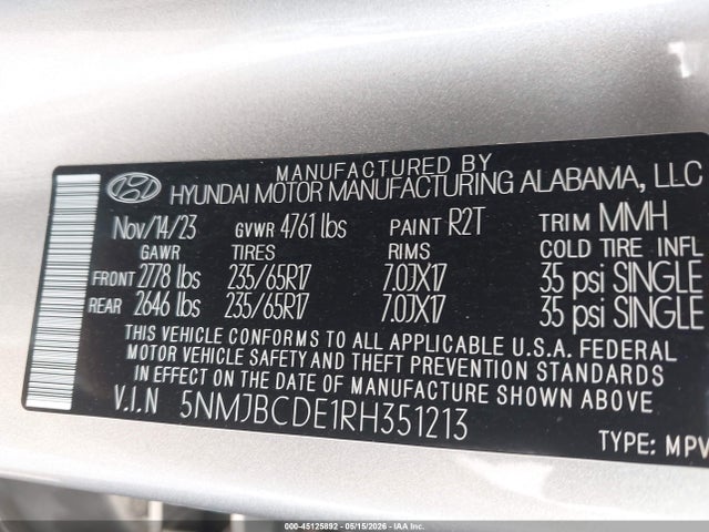 Продаж на аукціоні авто 2024 Hyundai Tucson Sel, vin: 5NMJBCDE1RH351213, номер лоту: 45125892