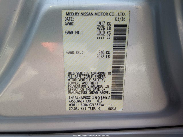 1N4AL3AP8GC195062 Nissan Altima 2.5 S