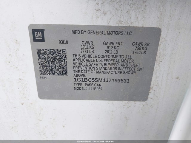 Aukcja sprzedaży 2018 Chevrolet Cruze Ls Auto, vin: 1G1BC5SM1J7193631, numer aukcji: 45125900