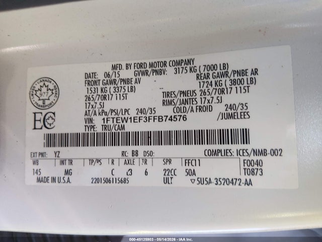 45125903 :رقم المزاد ، 1FTEW1EF3FFB74576 vin ، 2015 Ford F-150 Xlt مزاد بيع