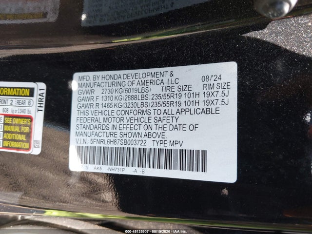 Aukcja sprzedaży 2025 Honda Odyssey Touring, vin: 5FNRL6H87SB003722, numer aukcji: 45125907