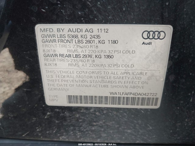 Продажа на аукционе авто 2013 Audi Q5 2.0t Premium, vin: WA1LFAFP4DA042722, номер лота: 45125923