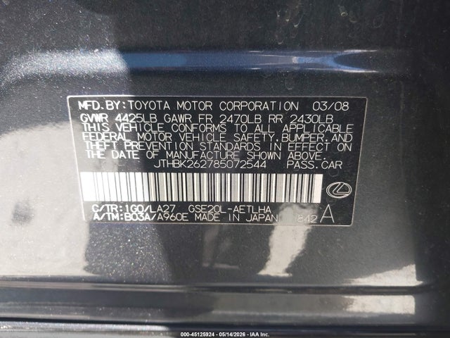 Aukcja sprzedaży 2008 Lexus Is 250, vin: JTHBK262785072544, numer aukcji: 45125924