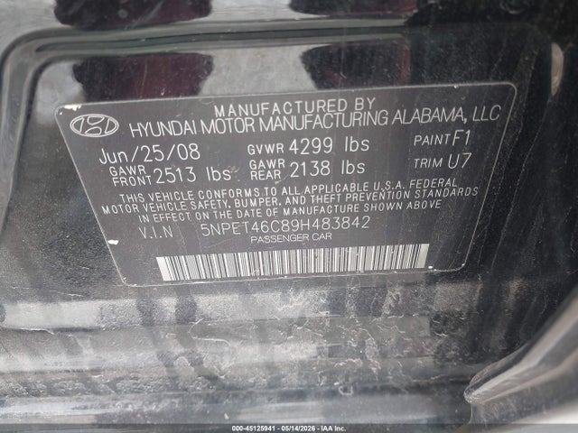 Aukcja sprzedaży 2009 Hyundai Sonata Gls, vin: 5NPET46C89H483842, numer aukcji: 45125941