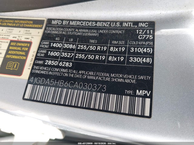 45125959 :رقم المزاد ، 4JGDA5HB6CA030373 vin ، 2012 Mercedes-benz Ml 350 4matic مزاد بيع