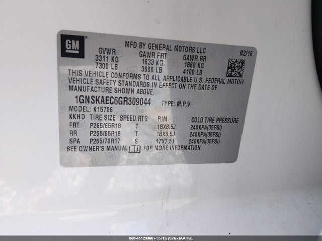Aukcja sprzedaży 2016 Chevrolet Tahoe Ls, vin: 1GNSKAEC6GR309044, numer aukcji: 45125960
