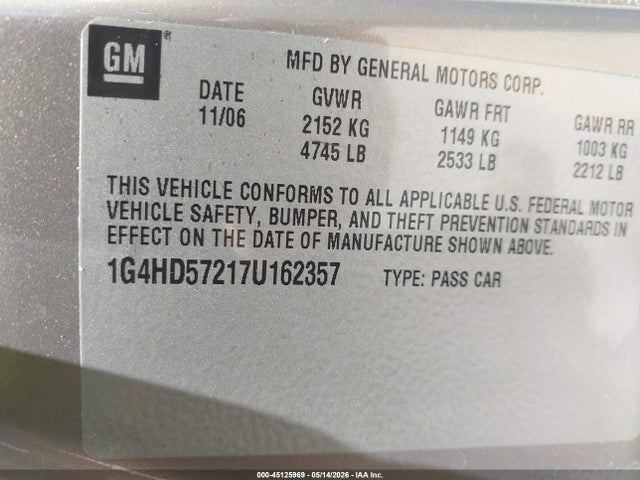 2007 Buick Lucerne Cxl მანქანა იყიდება აუქციონზე, vin: 1G4HD57217U162357, აუქციონის ნომერი: 45125969