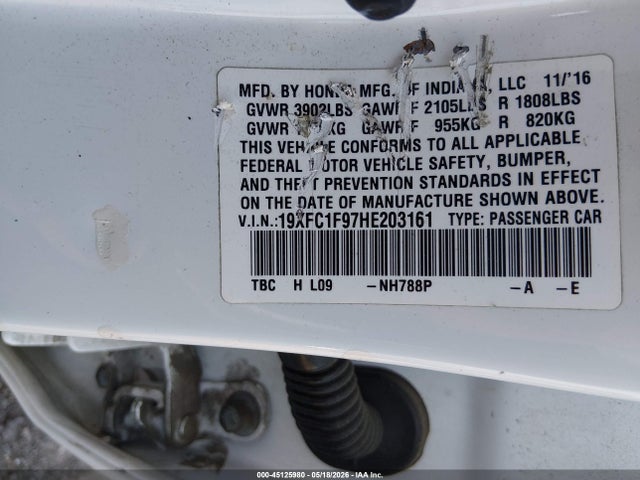 Продаж на аукціоні авто 2017 Honda Civic Touring, vin: 19XFC1F97HE203161, номер лоту: 45125980
