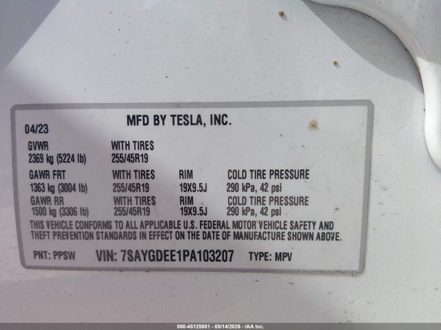 Aukcja sprzedaży 2023 Tesla Model Y, vin: 7SAYGDEE1PA103207, numer aukcji: 45125981