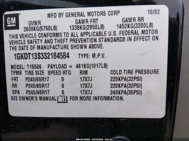 Aukcja sprzedaży 2003 Gmc Envoy Slt, vin: 1GKDT13S332184584, numer aukcji: 45125982