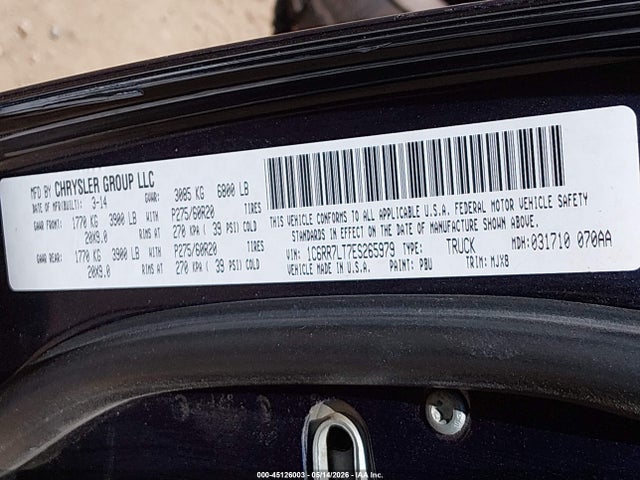 45126003 :رقم المزاد ، 1C6RR7LT7ES265979 vin ، 2014 Ram 1500 Big Horn مزاد بيع