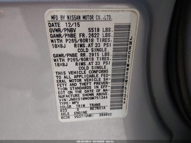 45126013 :رقم المزاد ، JN8CS1MW0GM751344 vin ، 2016 Infiniti Qx70 مزاد بيع