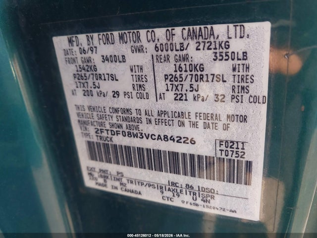 Продаж на аукціоні авто 1997 Ford F-150 Lariat/xl/xlt, vin: 2FTDF08W3VCA84226, номер лоту: 45126012