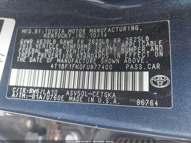 2015 Toyota Camry Xle მანქანა იყიდება აუქციონზე, vin: 4T1BF1FK0FU877400, აუქციონის ნომერი: 45126017