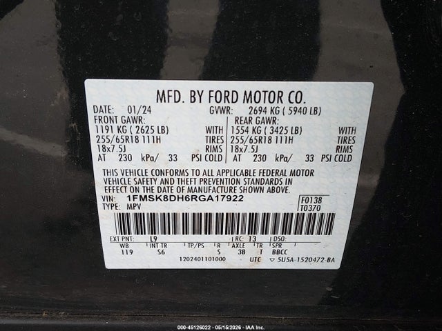 Aukcja sprzedaży 2024 Ford Explorer Xlt, vin: 1FMSK8DH6RGA17922, numer aukcji: 45126022
