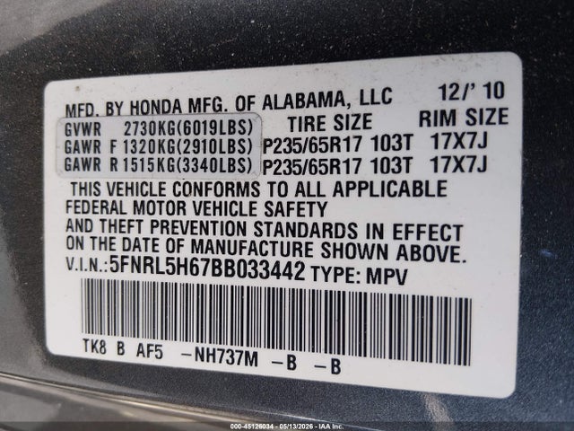 Aukcja sprzedaży 2011 Honda Odyssey Ex-l, vin: 5FNRL5H67BB033442, numer aukcji: 45126034