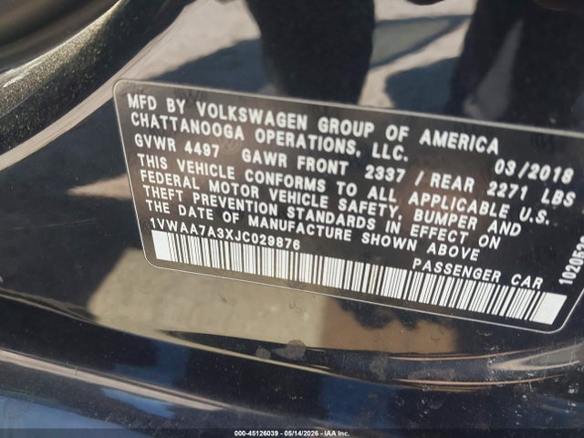 2018 Volkswagen Passat 2.0t R-line/2.0t S მანქანა იყიდება აუქციონზე, vin: 1VWAA7A3XJC029876, აუქციონის ნომერი: 45126039