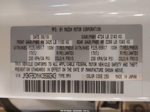 Продаж на аукціоні авто 2019 Mazda Cx-5 Touring, vin: JM3KFBCMXK0699343, номер лоту: 45126048