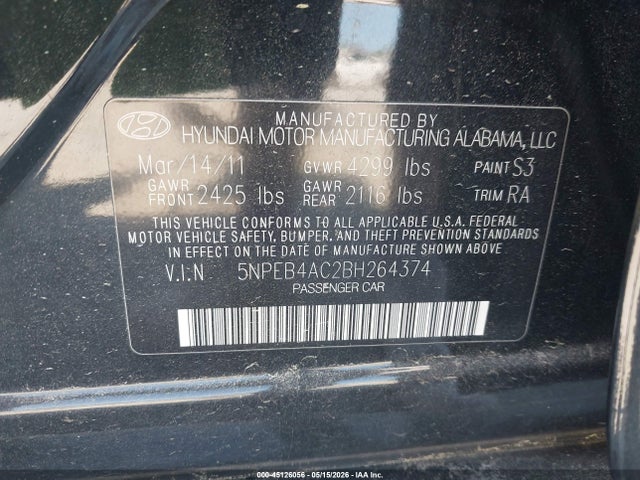 Aukcja sprzedaży 2011 Hyundai Sonata Gls, vin: 5NPEB4AC2BH264374, numer aukcji: 45126056