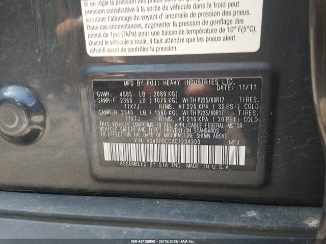 Продаж на аукціоні авто 2012 Subaru Outback 2.5i Premium, vin: 4S4BRBCCXC1234303, номер лоту: 45126058