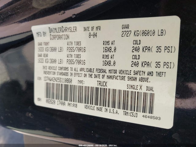 Aukcja sprzedaży 2005 Dodge Dakota Slt, vin: 1D7HW42N25S110860, numer aukcji: 45126068