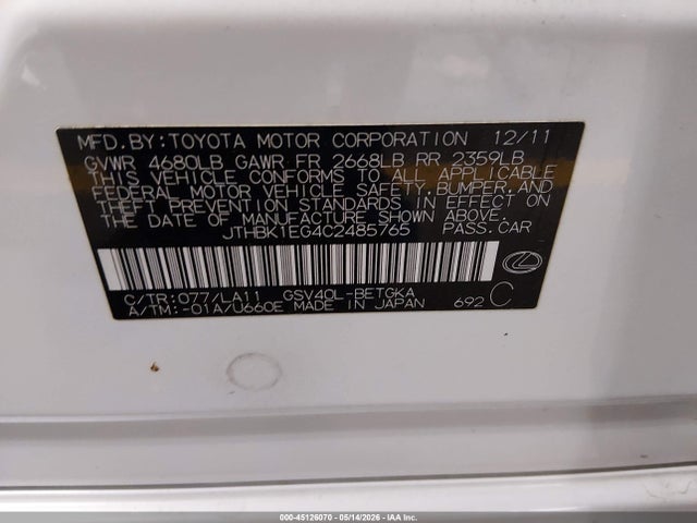Auction sale of the 2012 Lexus Es 350, vin: JTHBK1EG4C2485765, lot number: 45126070