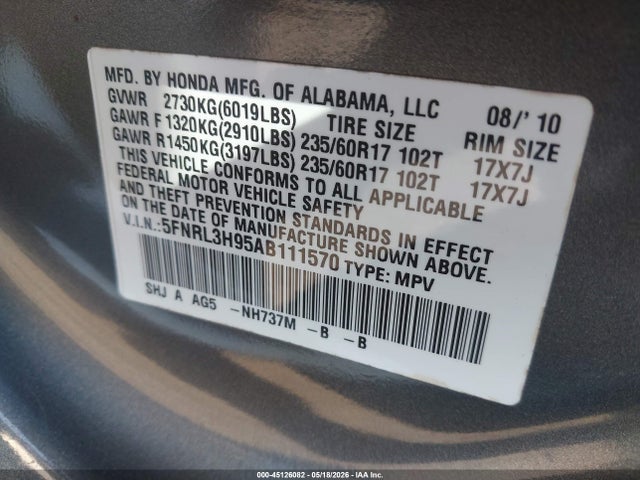 Продаж на аукціоні авто 2010 Honda Odyssey Touring, vin: 5FNRL3H95AB111570, номер лоту: 45126082