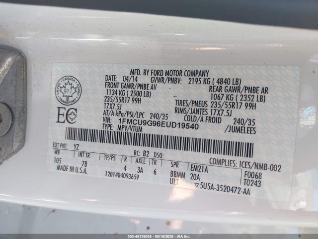 45126086 :رقم المزاد ، 1FMCU9G96EUD19540 vin ، 2014 Ford Escape Se مزاد بيع
