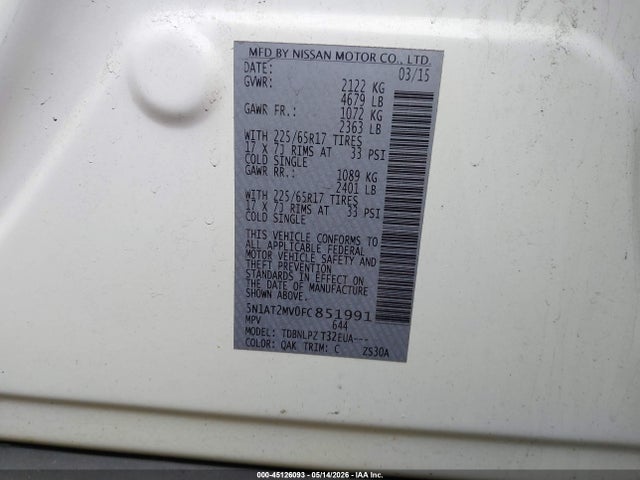 45126093 :رقم المزاد ، 5N1AT2MV0FC851991 vin ، 2015 Nissan Rogue S مزاد بيع