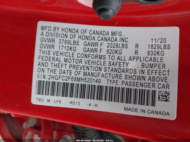 45126099 :رقم المزاد ، 2HGFC2F68MH520149 vin ، 2021 Honda Civic Lx مزاد بيع