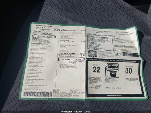 Aukcja sprzedaży 2004 Chrysler Sebring Lx, vin: 1C3EL46X34N217807, numer aukcji: 45126104