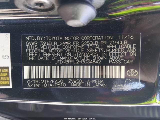 Продажа на аукционе авто 2017 Toyota Prius Four/four Touring/one/three/three Touring/two/two Eco, vin: JTDKBRFU2H3034842, номер лота: 45126107