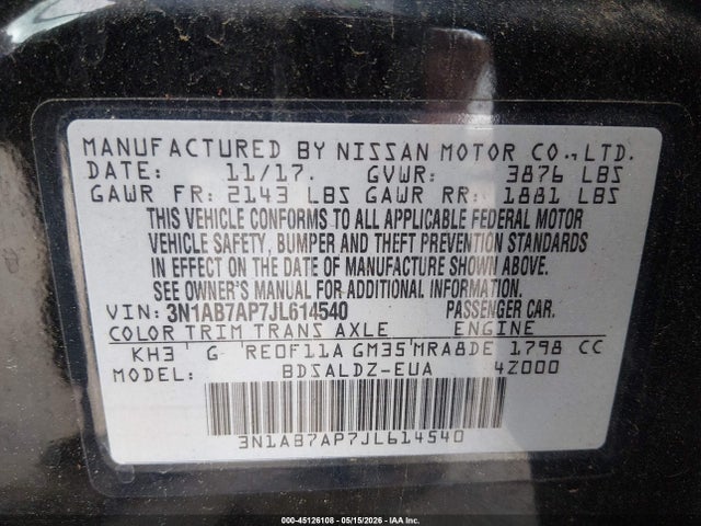 Aukcja sprzedaży 2018 Nissan Sentra Sv, vin: 3N1AB7AP7JL614540, numer aukcji: 45126108
