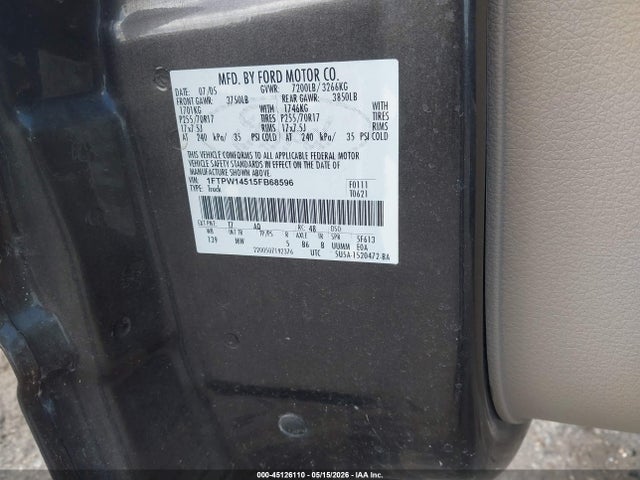 45126110 :رقم المزاد ، 1FTPW14515FB68596 vin ، 2005 Ford F-150 Fx4/lariat/xlt مزاد بيع